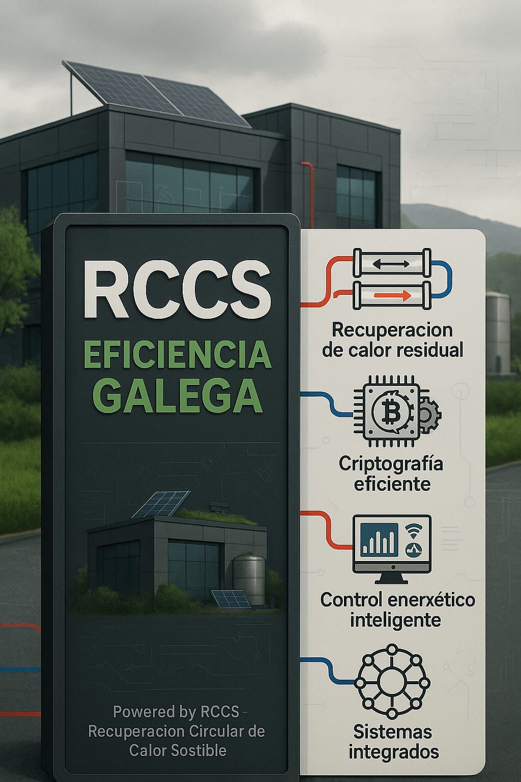 Imaxe dos piares de RCCS 2026: Recuperación de calor residual, Criptografía eficiente, Control enerxético intelixente, Sistemas integrados